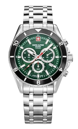 Swiss Alpine Military Herren-Armbanduhr Chronograph Analog Quarz 7034.9 Edelstahl, Stahl/Stahl/Grün – 9138sam, Armband von swiss alpine military