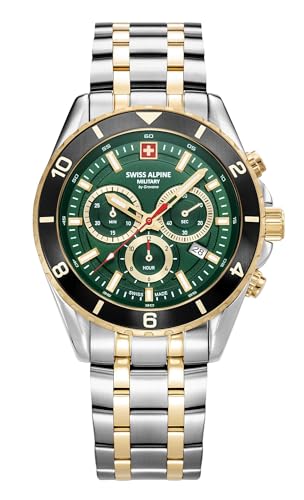 Swiss Alpine Military Herren-Armbanduhr Chronograph Analog Quarz 7034.9 Edelstahl, Zweifarbig/zweifarbig vergoldet/grün – 9148sam, Armband von swiss alpine military