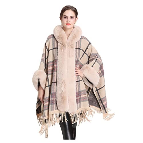 swq Plaid Pelzkragen Tücher Wraps, warme Kapuzenschals Mantel Carpigan Winter Open Poncho Mantel Schal, for Damen Büroreisen (Color : Beige, Größe : 34.6in) von swq