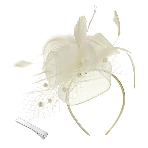 Damen Fascinator Hut Stirnband Blumen Mesh mit Federn Tea Party Kopfbedeckung Fasching mit Perlen Braut Mädchen(Einheitsgröße,Beige) von sy soul young