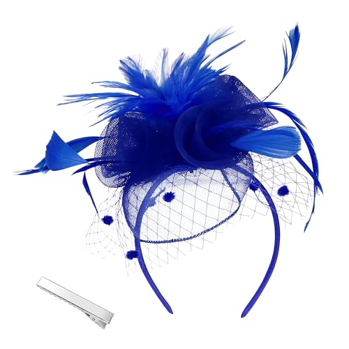 Damen Fascinator Hut Stirnband Blumen Mesh mit Federn Tea Party Kopfbedeckung Fasching mit Perlen Braut Mädchen(Einheitsgröße,Blau) von sy soul young