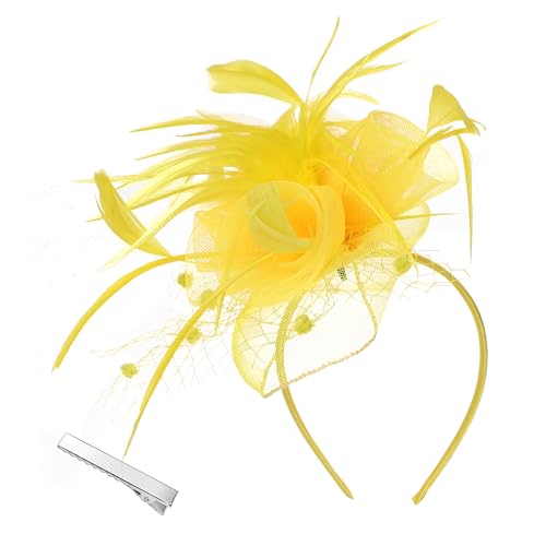 Damen Fascinator Hut Stirnband Blumen Mesh mit Federn Tea Party Kopfbedeckung Fasching mit Perlen Braut Mädchen(Einheitsgröße,Gelb) von sy soul young