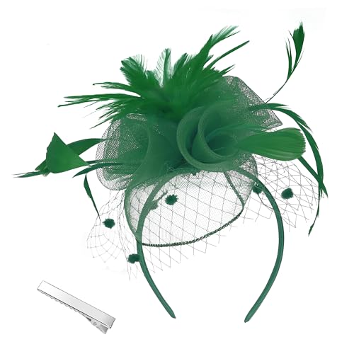 Damen Fascinator Hut Stirnband Blumen Mesh mit Federn Tea Party Kopfbedeckung Fasching mit Perlen Braut Mädchen(Einheitsgröße,Grün) von sy soul young
