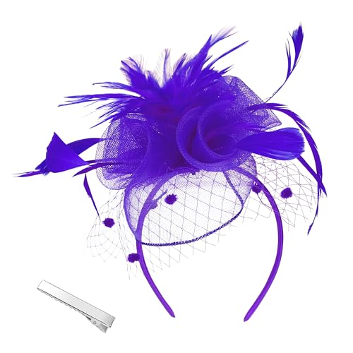 Damen Fascinator Hut Stirnband Blumen Mesh mit Federn Tea Party Kopfbedeckung Fasching mit Perlen Braut Mädchen(Einheitsgröße,Lila) von sy soul young