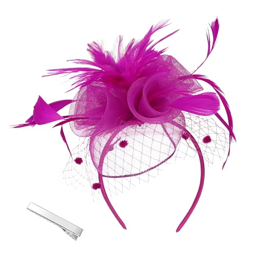 Damen Fascinator Hut Stirnband Blumen Mesh mit Federn Tea Party Kopfbedeckung Fasching mit Perlen Braut Mädchen(Einheitsgröße,Lila rot) von sy soul young