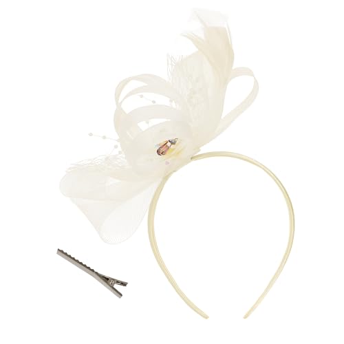 Fascinator Hüte Damen Unkraut Hut Teeparty Royal Ascot Stirnband Feder Mesh Hatinator Cocktail Strass(Einheitsgröße,Beige) von sy soul young