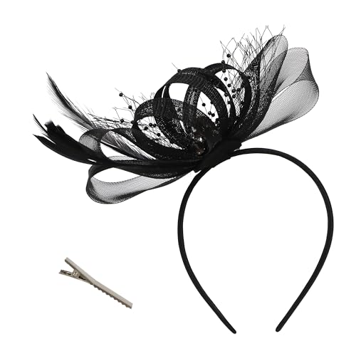 Fascinator Hüte Damen Unkraut Hut Teeparty Royal Ascot Stirnband Feder Mesh Hatinator Cocktail Strass(Einheitsgröße,Schwarz) von sy soul young