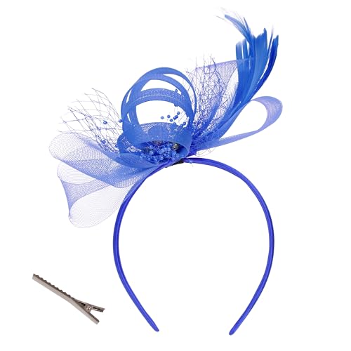 Fascinator Hut für Damen Pillbox Hut mit Schleier Headpiece Feathers Teeparty Hochzeit Derby Gems(Einheitsgröße,Blau) von sy soul young