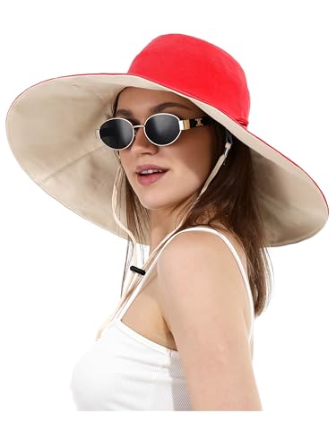 sy soul young Damen Baumwolle BucketHut reversibler Sonnenhut mit Ultrabreitkrempe Faltbarer Strandhut Sommerhut Fischerhut UPF 50+(Rot) von sy soul young