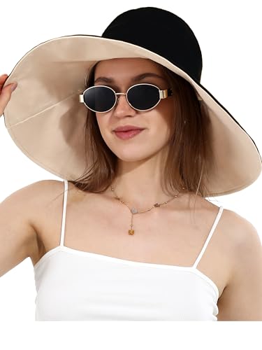 sy soul young Damen Baumwolle BucketHut reversibler Sonnenhut mit Ultrabreitkrempe Faltbarer Strandhut Sommerhut Fischerhut UPF 50+(Schwarz) von sy soul young
