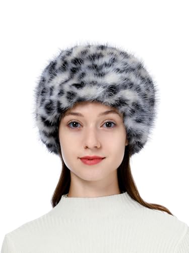 sy soul young Damen Fellmütze Pelzmütze Wintermütze Faux Fuchs Warm Weich Pelz mütze EINWEG Verpackung(Schwarz Leopard) von sy soul young