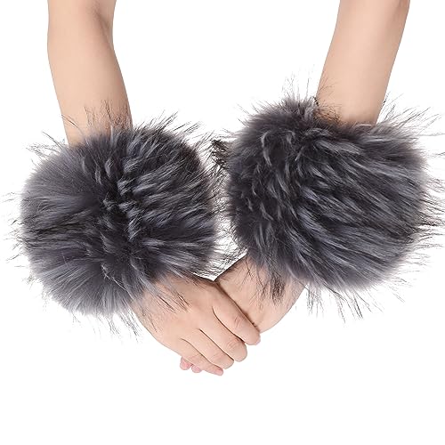 sy soul young Damen Kunstpelz Handgelenk Manschetten Winter Fuchs Pelz Armbänder Fluffy Pelz Manschette Pulswärmer Armwärmer Zubehör(Grau mit Spitzen) von sy soul young
