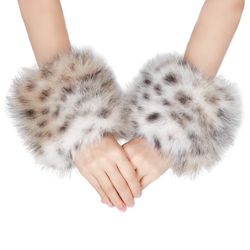 sy soul young Damen Kunstpelz Handgelenk Manschetten Winter Fuchs Pelz Armbänder Fluffy Pelz Manschette Pulswärmer Armwärmer Zubehör(Khaki Leopard) von sy soul young