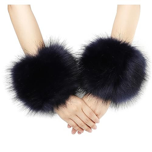 sy soul young Damen Kunstpelz Handgelenk Manschetten Winter Fuchs Pelz Armbänder Fluffy Pelz Manschette Pulswärmer Armwärmer Zubehör(Marine) von sy soul young