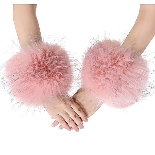 sy soul young Damen Kunstpelz Handgelenk Manschetten Winter Fuchs Pelz Armbänder Fluffy Pelz Manschette Pulswärmer Armwärmer Zubehör(Rosa mit Spitzen) von sy soul young