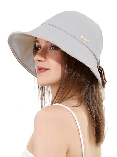 sy soul young Damen Sonnenhut mit Löcher in den Pferdeschwänzen Schleife Ultrabrempe UPF 50+ wasserabweisend faltbar Strandhut(Grau) von sy soul young