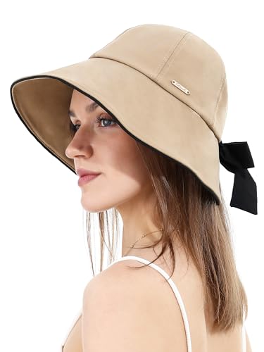 sy soul young Damen Sonnenhut mit Löcher in den Pferdeschwänzen Schleife Ultrabrempe UPF 50+ wasserabweisend faltbar Strandhut(Khaki) von sy soul young