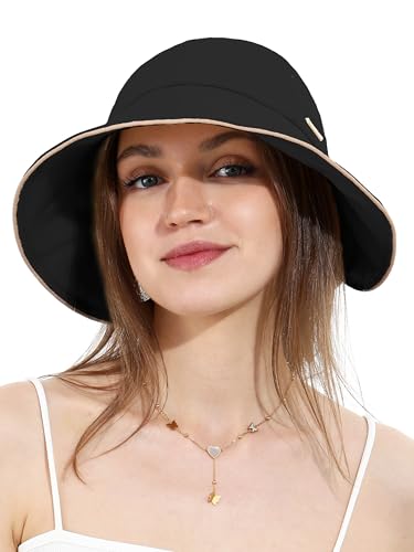 sy soul young Damen Sonnenhut mit Löcher in den Pferdeschwänzen Schleife Ultrabrempe UPF 50+ wasserabweisend faltbar Strandhut(Schwarz) von sy soul young