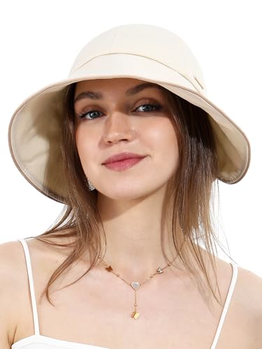 sy soul young Damen Sonnenhut mit Löcher in den Pferdeschwänzen Schleife Ultrabrempe UPF 50+ wasserabweisend faltbar Strandhut (Beige) von sy soul young