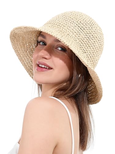 sy soul young Damen Strohhut Breitkrempe Handgewebt Faltbar Strandbucket Sommer UV-Schutz UPF50+ Reise(Beige) von sy soul young