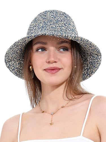 sy soul young Damen Strohhut Breitkrempe Handgewebt Faltbar Strandbucket Sommer UV-Schutz UPF50+ Reise(Beige&Blau) von sy soul young