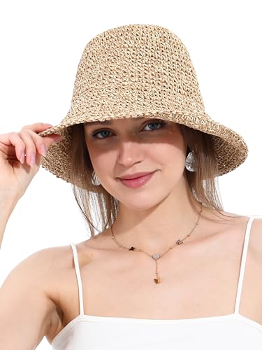 sy soul young Damen Strohhut Breitkrempe Handgewebt Faltbar Strandbucket Sommer UV-Schutz UPF50+ Reise(Beige&Kaffee) von sy soul young