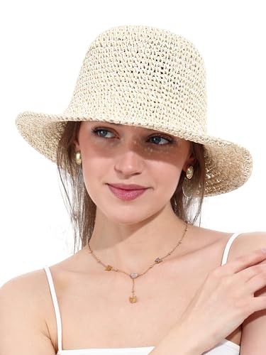 sy soul young Damen Strohhut Breitkrempe Handgewebt Faltbar Strandbucket Sommer UV-Schutz UPF50+ Reise(Beige&Khaki) von sy soul young