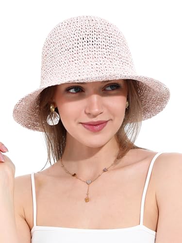 sy soul young Damen Strohhut Breitkrempe Handgewebt Faltbar Strandbucket Sommer UV-Schutz UPF50+ Reise(Beige&Rosa) von sy soul young