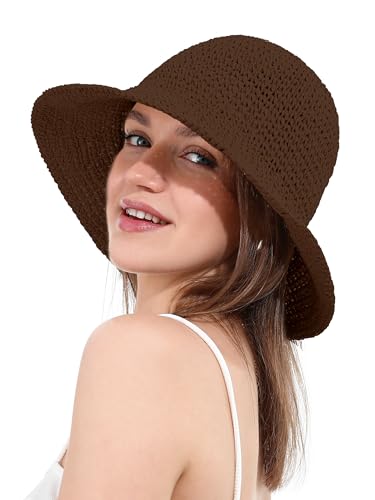 sy soul young Damen Strohhut Breitkrempe Handgewebt Faltbar Strandbucket Sommer UV-Schutz UPF50+ Reise(Kaffee) von sy soul young
