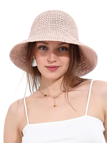 sy soul young Damen Strohhut Breitkrempe Handgewebt Faltbar Strandbucket Sommer UV-Schutz UPF50+ Reise(Rosa) von sy soul young