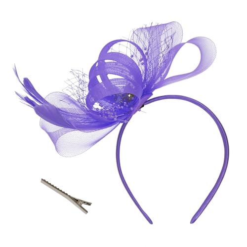 Fascinator Hut für Damen Pillbox Hut mit Schleier Headpiece Feathers Teeparty Hochzeit Derby Gems(Einheitsgröße,Lila) von sy soul young