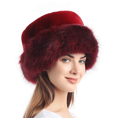 sy soul young Fellmütze Pelzmütze Damen mütze Wintermütze Faux Fuchs Pelz Warm Weich Leoparden Hut EINWEG Verpackung(Burgendy) von sy soul young