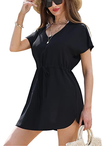 soul young Strandkleid Damen Bikini Cover Up Sommer V Ausschnitt Strandponcho Strandurlaub Badeanzug Kurzarm Coverup Freizeitkleider(L,Schwarz) von soul young