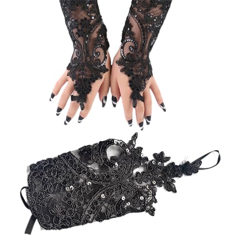 syiyunran Maleficent Kostüm Damen - 1 Paar Ladies Black Feather Lace Fingerless Long Gloves für Hochzeit Halloween Kostüme Schwarz Feder Handschuhe Vintage Spitzenhandschuhe Gothic Netzhandschuhe von syiyunran
