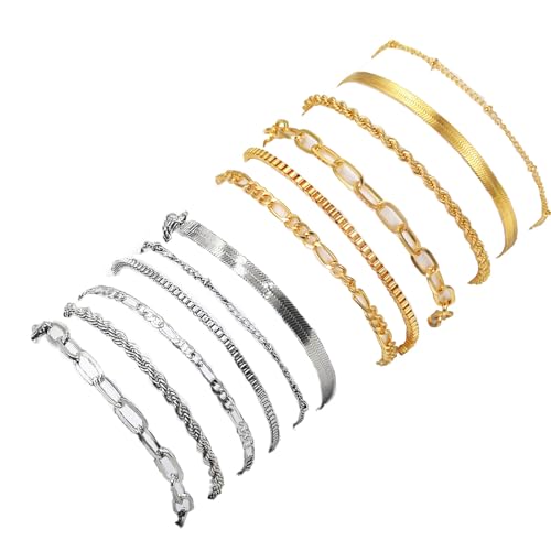 sylbx 12 Stück Silber Armband Set für Damen,Verstellbar Armband,Armband Damen,Edelstahl Ketten Armbänder Set,Modeschmuck Armbander Set Silber,Damen Silber Armbände,Wasserdicht,Geschenke für Mädchen von sylbx