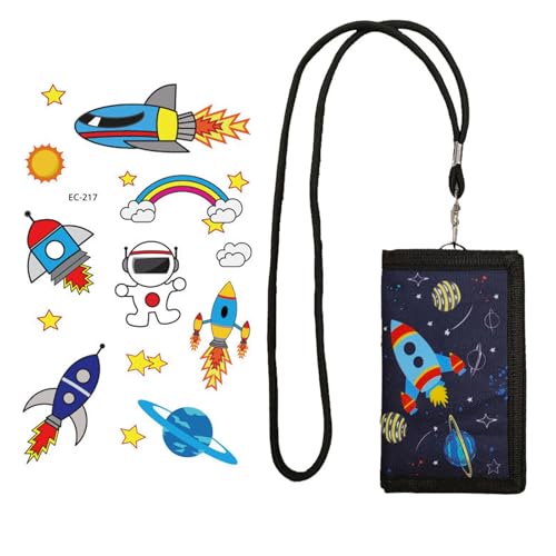 sylbx 2 Stück Geldbeutel Kinder Portemonnaie,Geldbeutel Kinder Jungs,Brustbeutel Kinder Geldbörse,Brustbeutel Kinder Geldbörse,Gold Scheinfach und Münzfach Faltbare Weltraum Elemente Portemonnaie von sylbx