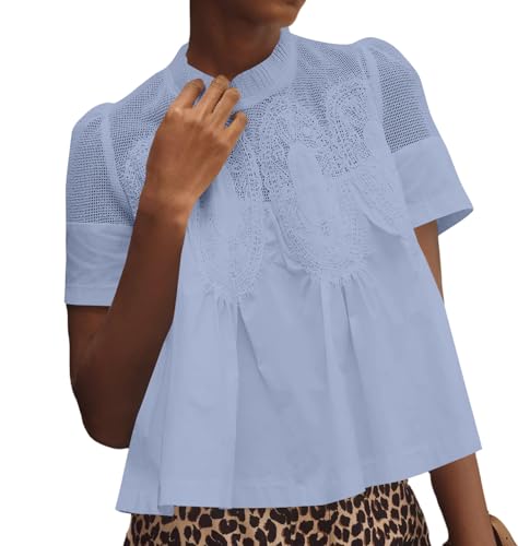 synound Damen Spitze Ausgestellt Kurzarm Bluse Spitze Popeline Rüschen Mesh Rundhals Swing Babydoll Tops Elegant Lose Shirts, Blau, Mittel von synound