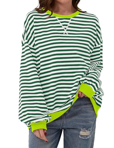 synound Gestreiftes Damen-Sweatshirt mit Farbblock, Rundhalsausschnitt, langärmelig, lässig, lockere Passform, grün / weiß, M von synound