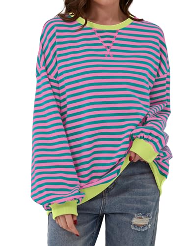 synound Gestreiftes Damen-Sweatshirt mit Farbblock, übergroß, Rundhalsausschnitt, Langarmshirt, Pullover, Top, lässig, lockere Passform, pink/grün, Klein von synound