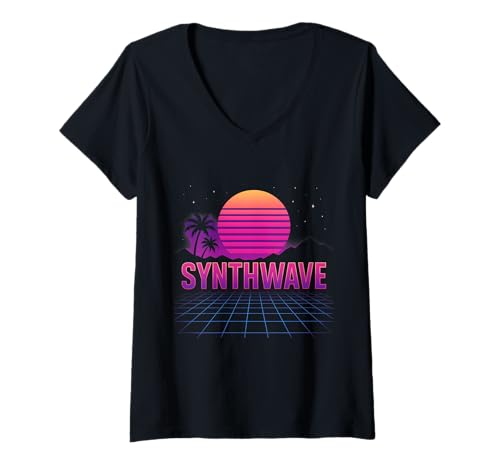 Damen Synthwave Sunset Grid Vaporwave T-Shirt mit V-Ausschnitt Damen Synthwave Sunset Grid Vaporwave T-Shirt mit V-Ausschnitt von synthwave sunset vaporwave grid outrun retro