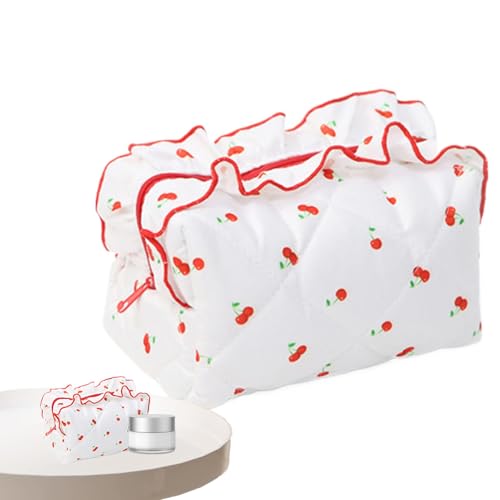 szaluyk Gesteppte Make-up-Tasche – gerüschtes Blumenmuster, Reißverschluss, stilvoller Make-up-Organizer, tragbare Reise-Make-up-Tasche für Mädchen und Frauen, weiß, Refer to description, Unisex von szaluyk