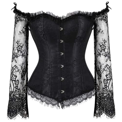 SZIVYSHI Frauen Halloween Weihnachten Overbust Lace up Rücken Korsett mit Schulter Ärmel, Schwarz -L(Taillenumfang:70cm) von SZIVYSHI