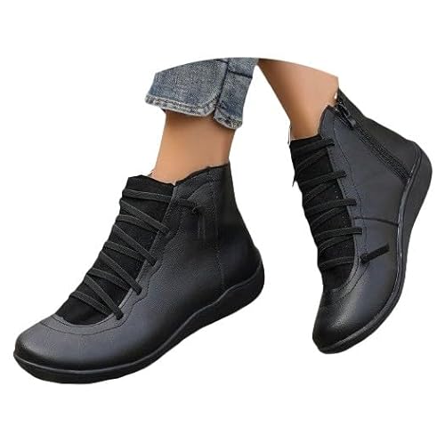 Stiefeletten Damen Rutschfeste Flache Bequeme Mit Reißverschluss Lederschuhe Vintage Leichtgewichts Slip On Weiche Sohle Freizeitschuhe Outdoor Workout Casual Walkingschuhe Mit Schnürsenkel,34-41.5 Eu von szvbofueck