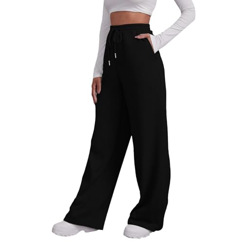 szvbofueck Jogginghose Damen Baggy High Waist Sporthose Mit Kordelzug Und Taschen Stretch Traininghose Einfarbig Leichte Weites Bein Fitnesshose Outdoor Laufhose Yoga Sweatpants,S-XXL von szvbofueck