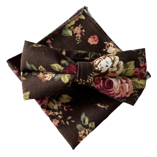 szzqdzsw Fliege für Herren, Leinen, Baumwolle, Blumenmuster, vorgebundene Fliege, Einstecktuch, Hochzeit, Party, Set, coffee, Einheitsgröße von szzqdzsw