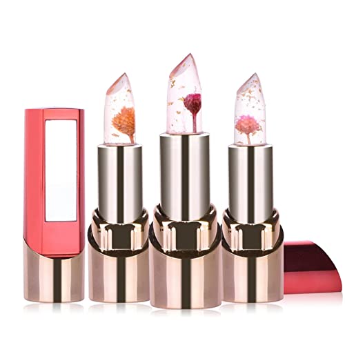 Lippenstift mit Farbwechsel | 1 / 3pcs Flower Jelly Lippenstift-Sets | Langanhaltender Feuchtigkeitscreme-Lipgloss | Blume Lippenstift Lippenbalsam | Klarer Lipgloss für Frauen von tacery