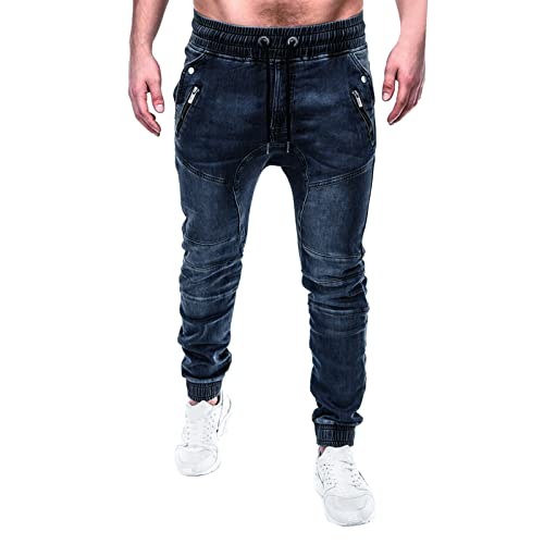 Herren-Jogging-Denim-Hose mit Taschen, Reißverschluss, Jogger-Jeans mit elastischer Taille, elastischer Taille, Biker-Jeans mit Reißverschluss, Y2K-Stil, lässige Cargo-Jeans mit mehreren Taschen von tacniseyw