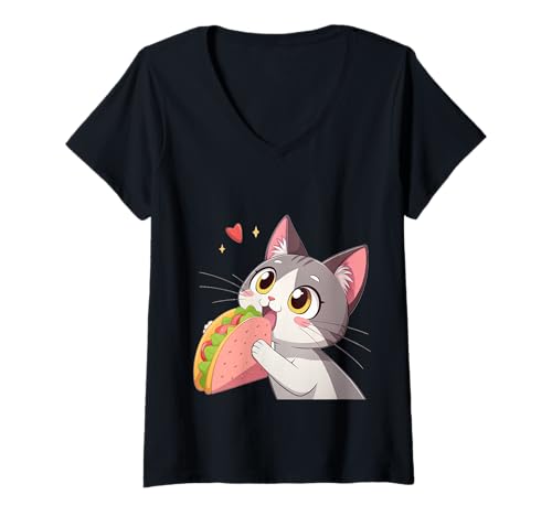 Damen Katze frisst Taco T-Shirt mit V-Ausschnitt Damen Katze frisst Taco T-Shirt mit V-Ausschnitt von tacos and kitties