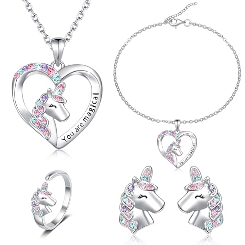 talifoca Einhorn-Schmuck-Set für Mädchen, Einhorn Kinder-Schmuck-Set umfasst Halskette, Ringe, Armbänder, Ohrringe, Schmuck-Set Einhorn für Party Dress Up Geschenk von talifoca