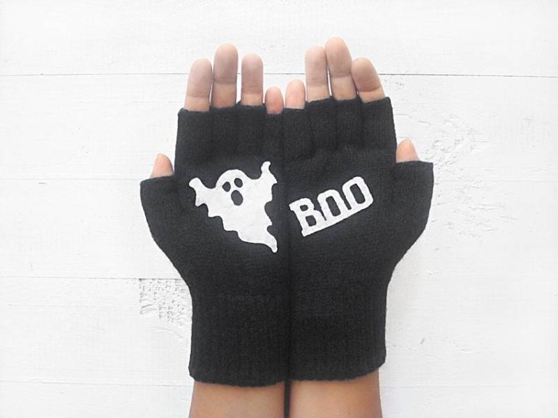 Ghost & Boo Fingerlose Handschuhe Handgefertigte Halloween-Fäustlinge Aus Wolle, Erwachsenenkostüm von talkingloves